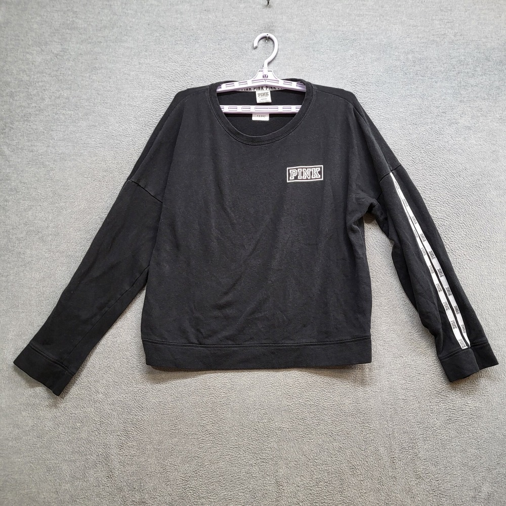 PINK Victoria's Secret Women Sweatshirt Large Black Logo Fleece Pullover